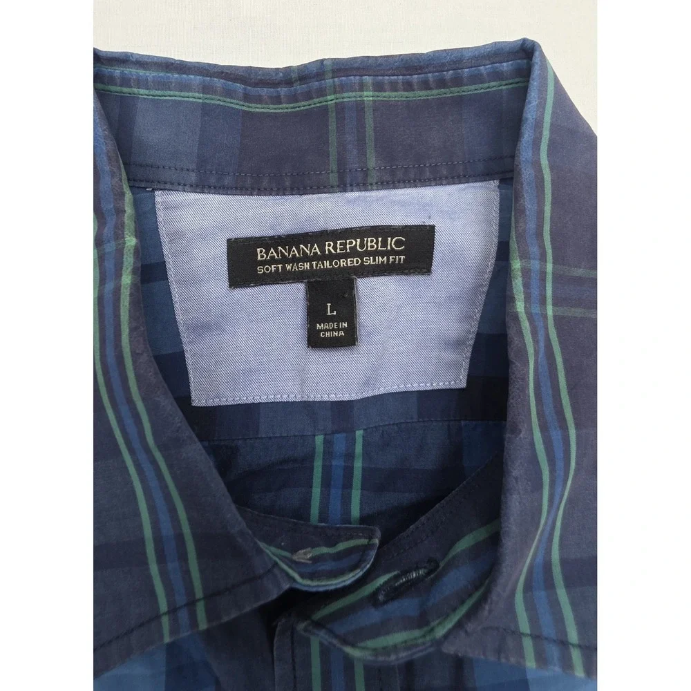 Banana Republic Soft Wash Tailored Slim Fit Blue Plaid Shirt Men's Size L